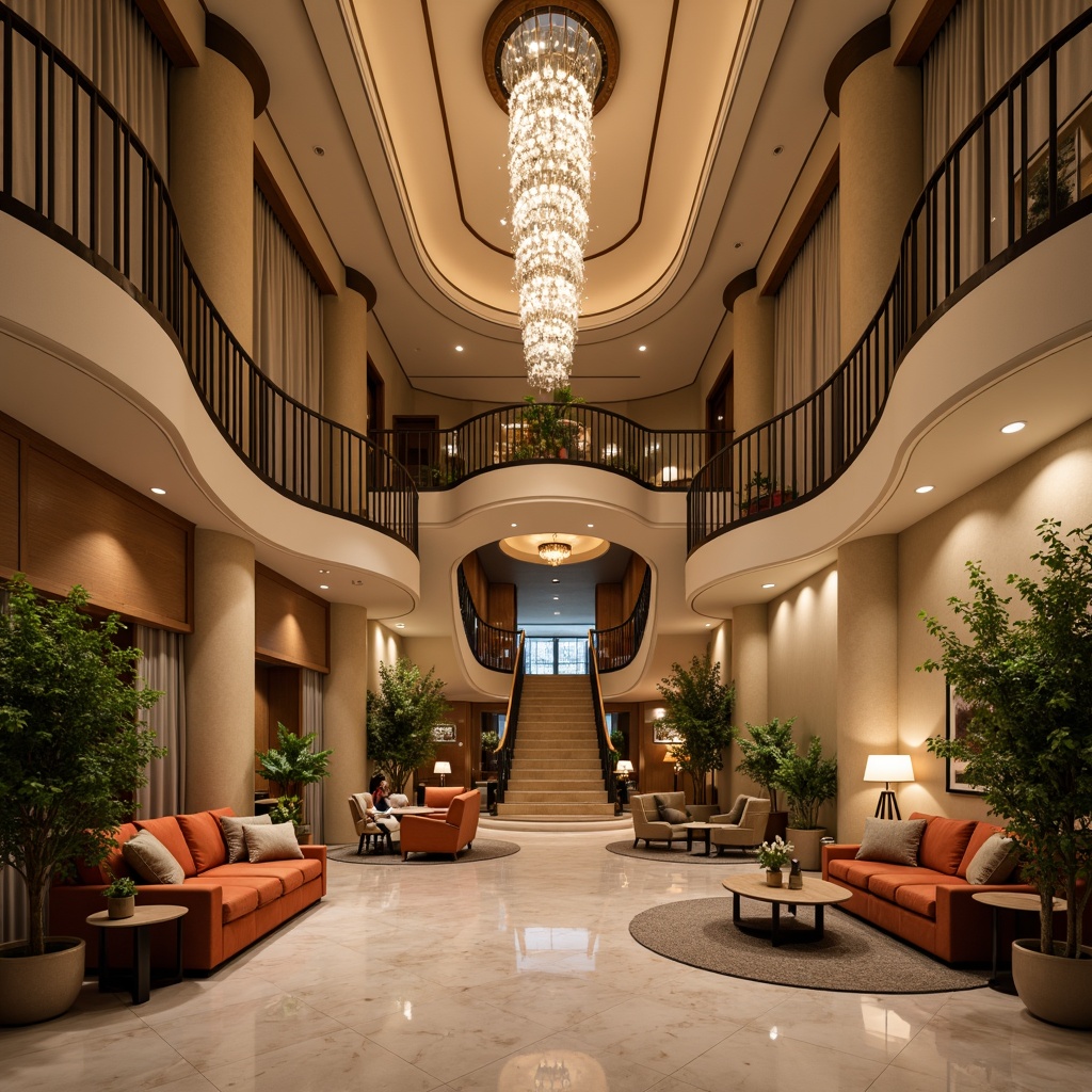 Prompt: Cozy luxury hotel lobby, warm beige walls, plush velvet sofas, polished marble floors, grand crystal chandelier, elegant curved staircase, spacious open layout, comfortable seating areas, rustic wooden accents, vibrant greenery, soft warm lighting, shallow depth of field, 3/4 composition, realistic textures, ambient occlusion.