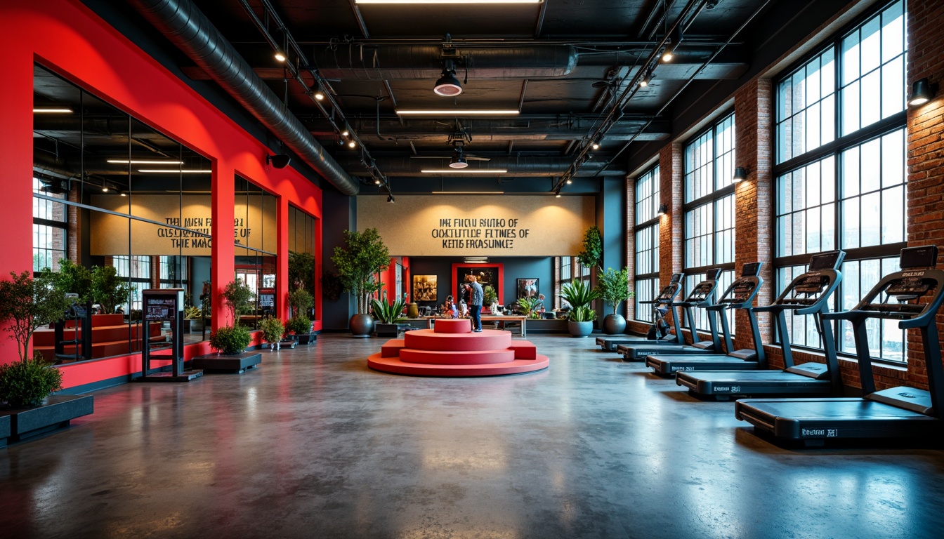 Prompt: Vibrant fitness studio, bold color scheme, energetic atmosphere, dynamic lighting, motivational quotes, modern industrial architecture, polished concrete floors, metallic equipment, sleek mirrored walls, intense red accents, deep blue tones, bright green hues, warm beige surfaces, urban loft style, high ceilings, large windows, natural daylight, soft ambient glow, realistic textures, shallow depth of field, 3/4 composition, panoramic view.