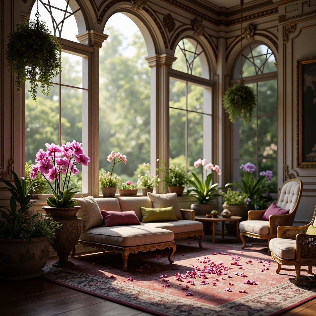 Prompt: Luxuriant orchid flowers, soft pastel hues, delicate petals, whimsical garden setting, warm sunny day, gentle morning light, subtle misty atmosphere, elegant Victorian-era architecture, ornate ironwork, vintage distressed finishes, rich velvety fabrics, sophisticated interior design, lavish upholstery, statement furniture pieces, refined metal accents, understated luxury, 1/1 composition, softbox lighting, cinematic depth of field.