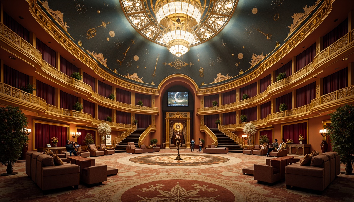 Prompt: Ornate planetarium interior, lavish gold accents, intricate Baroque patterns, curved wooden panels, crystal chandeliers, velvet drapes, regal throne-like seating, astronomy-inspired frescoes, starry night sky projections, majestic domed ceiling, richly textured fabrics, antique telescopes, bronze astronomical instruments, warm golden lighting, soft focus, shallow depth of field, 1/2 composition, atmospheric misting effects.