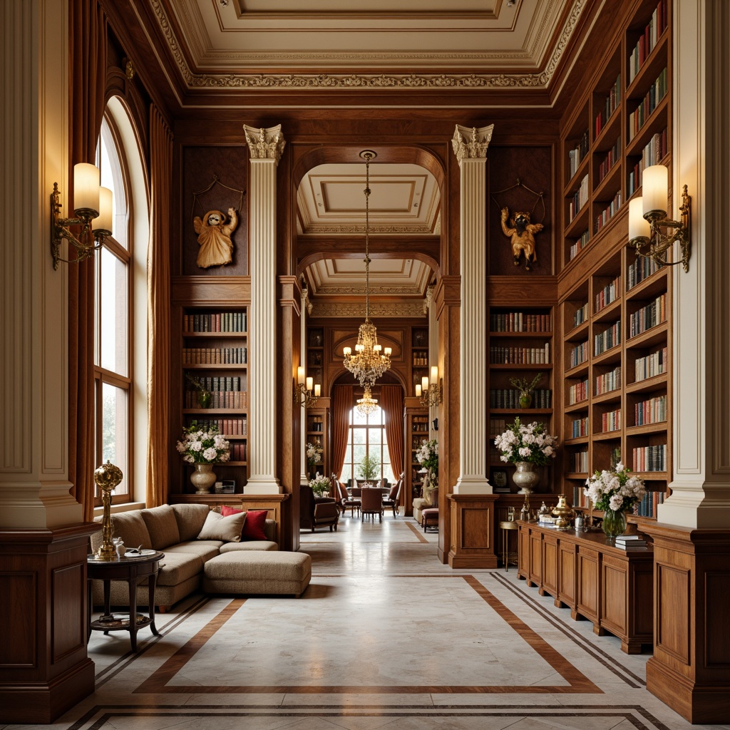 Prompt: Elegant neoclassical library, ornate architectural details, rich wood paneling, luxurious velvet fabrics, golden accents, cream-colored walls, subtle gradient textures, soft warm lighting, shallow depth of field, 1/1 composition, realistic renderings, ambient occlusion; grandiose chandeliers, intricate moldings, classic columns, marble floors, leather-bound books, ornamental vases, subtle animations, cinematic camera movements.