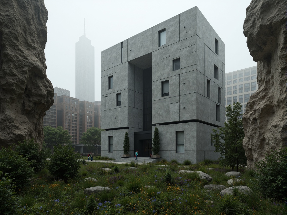 Prompt: Rugged brutalist building, fortress-like structure, raw concrete textures, industrial materials, angular forms, urban landscape integration, cityscape views, dense foliage, wildflower meadows, weathered stone walls, natural rock formations, dramatic shadows, harsh lighting, low-angle composition, cinematic atmosphere, muted color palette, overcast sky, misty morning, atmospheric fog, abstract geometric patterns.