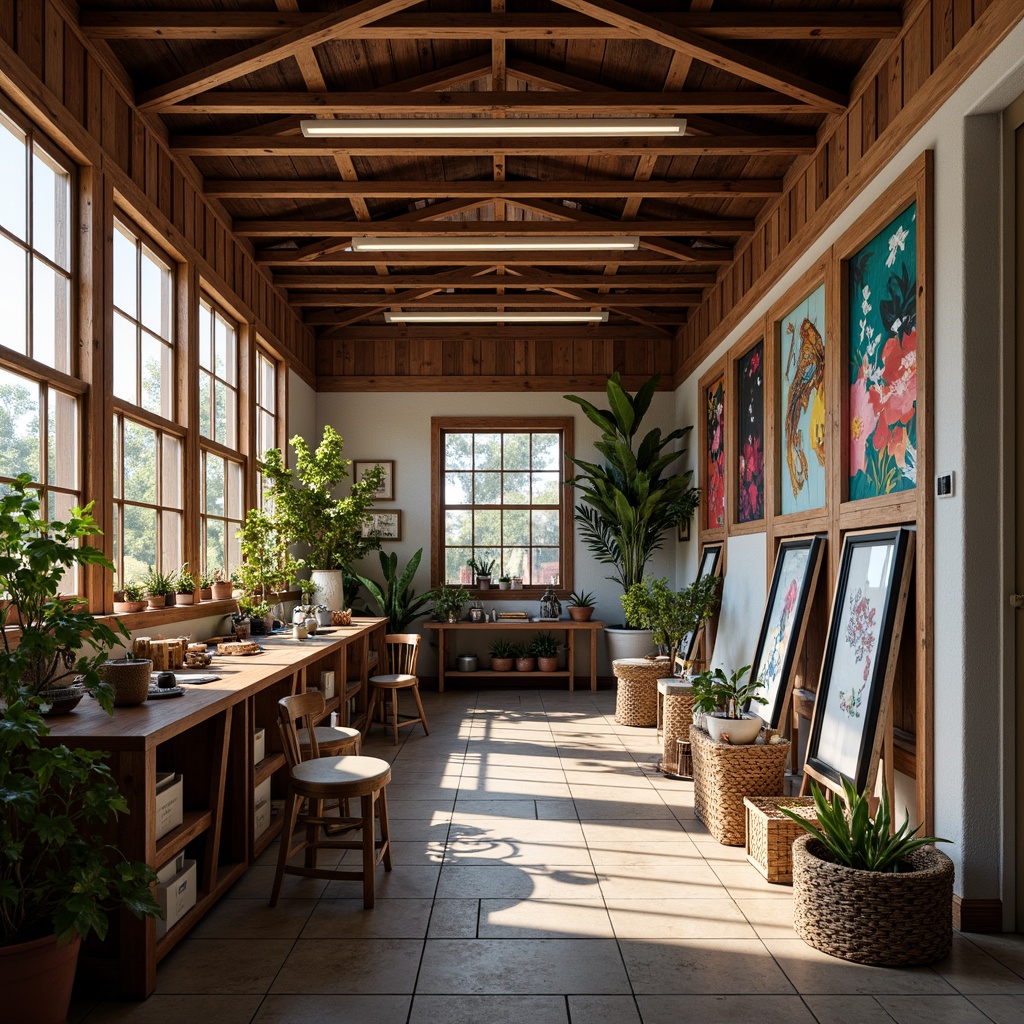 Prompt: Vibrant art studio, eclectic decorative accents, rich wood tones, bold brushstrokes, artistic canvases, creative workspace, inspiring color palette, harmonious hues, contrasting textures, soft natural light, warm ambient glow, 1/1 composition, shallow depth of field, realistic renderings, subtle shadowing.