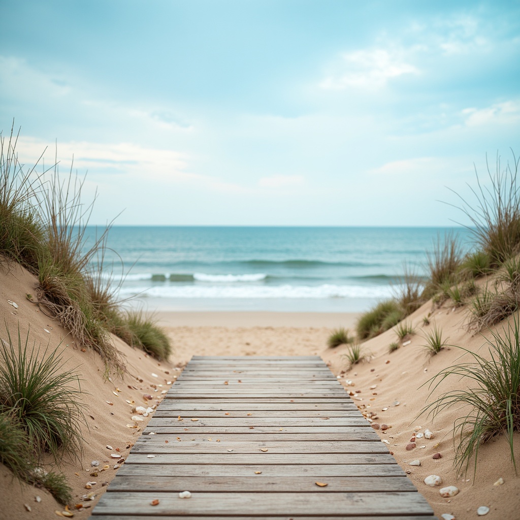 Prompt: Soft azure skies, warm sandy dunes, calming beach scenes, serene ocean views, driftwood textures, natural stone pathways, weathered wooden planks, creamy seashell hues, gentle wave patterns, misty morning light, shallow depth of field, 1/2 composition, panoramic view, realistic materials, ambient occlusion.