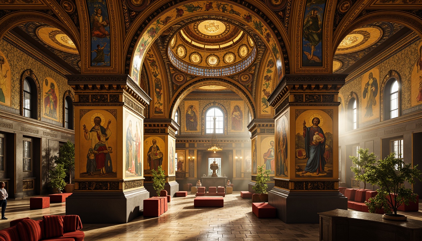 Prompt: Intricate Byzantine mosaics, gold leaf details, vibrant glass tiles, ornate patterns, majestic domes, grand arches, lavish decorations, rich textures, warm golden lighting, soft focus, shallow depth of field, 2/3 composition, realistic reflections, ambient occlusion, ancient Christian iconography, symbolic motifs, intricate borders, ornamental flourishes.