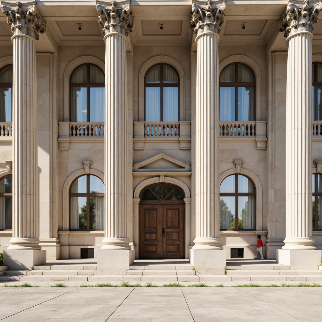 Prompt: Grandiose government building, majestic columns, ornate capitals, Corinthian order, fluted shafts, Ionic volutes, symmetrical facade, balanced composition, rusticated base, limestone material, creamy white color, subtle shadowing, soft natural light, shallow depth of field, 2/3 composition, realistic textures, ambient occlusion.