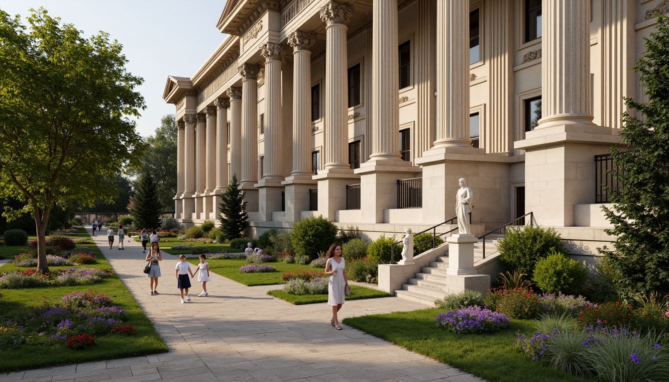 Prompt: Grandiose library facade, neoclassical columns, ornate details, lush greenery, vibrant flower arrangements, manicured lawns, walking paths, natural stone pavers, elegant fountains, classical statues, intricate ironwork, symmetrical architecture, balanced composition, warm soft lighting, shallow depth of field, 1/1 perspective, realistic textures, ambient occlusion.