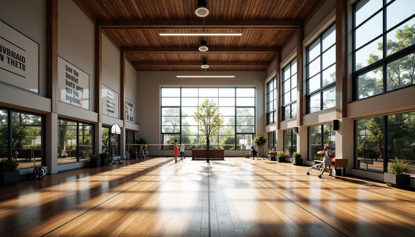 Prompt: Modern gymnasium interior, high ceilings, large windows, natural light pouring in, wooden flooring, sports equipment, basketball hoops, volleyball nets, treadmills, exercise machines, mirrored walls, motivational quotes, athletic tracks, ambient lighting, soft shadows, shallow depth of field, 1/1 composition, realistic textures, warm color tones, energetic atmosphere.