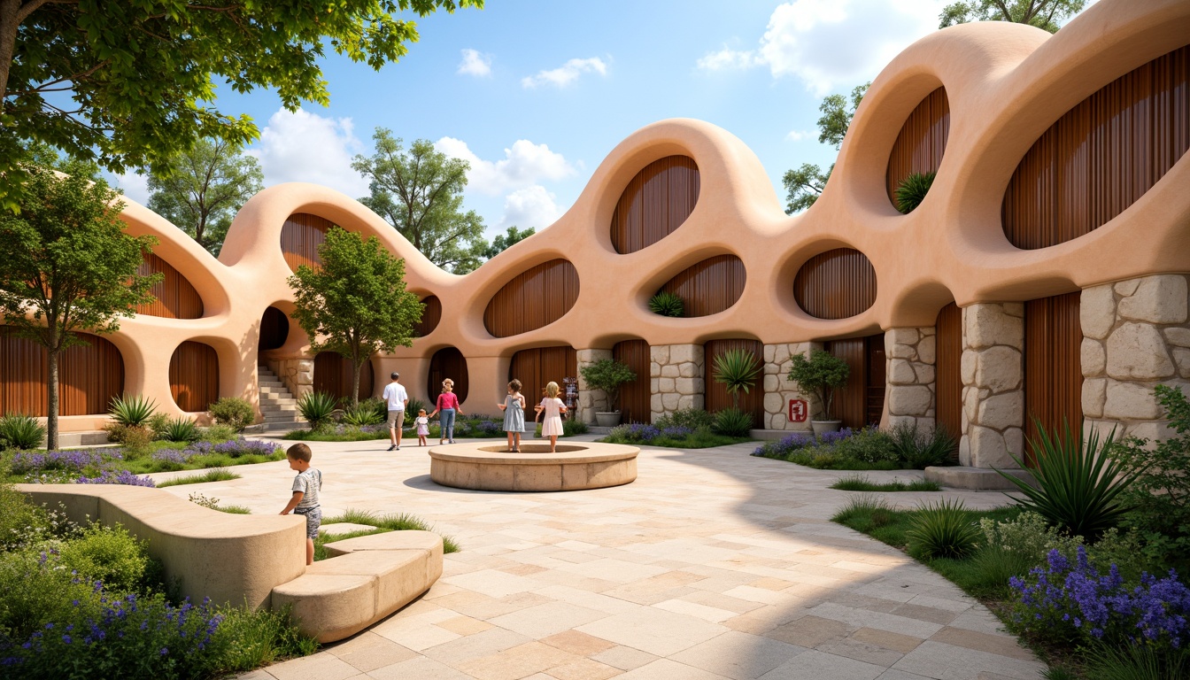 Prompt: Whimsical kindergarten playground, irregular organic shapes, soft rounded edges, vibrant color palette, natural wood accents, playful blob-like buildings, curved lines, wavy patterns, textured stone walls, leafy greenery, sunny day, warm soft lighting, shallow depth of field, 1/1 composition, intimate atmosphere, cozy nooks, interactive play areas, educational signage, tactile materials, sensory experiences.