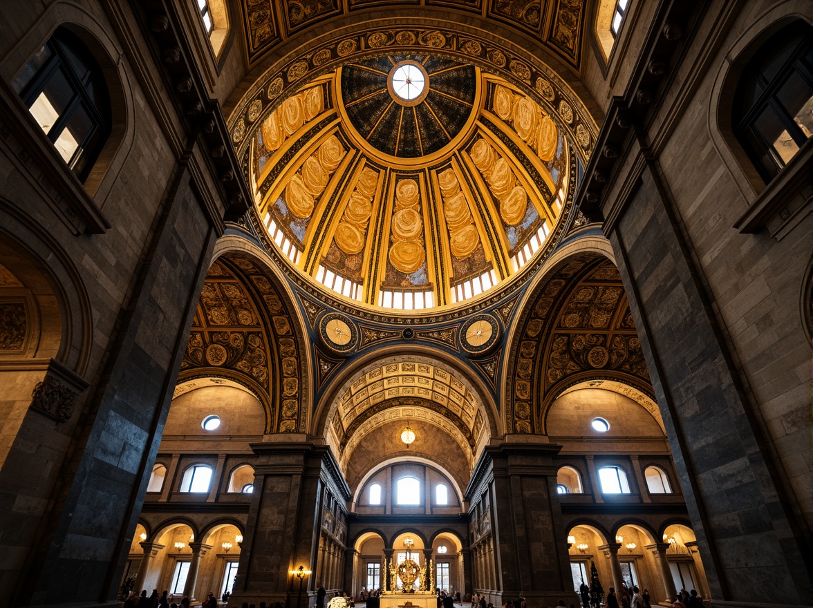 Prompt: Majestic Byzantine dome, golden mosaics, ornate stone carvings, intricate arches, grandiose cathedral, sacred religious space, soft warm lighting, mystical atmosphere, richly textured surfaces, lavish decorations, regal ambiance, historic cultural significance, iconic architectural symbol, majestic verticality, imposing structural presence, solemn spiritual environment.