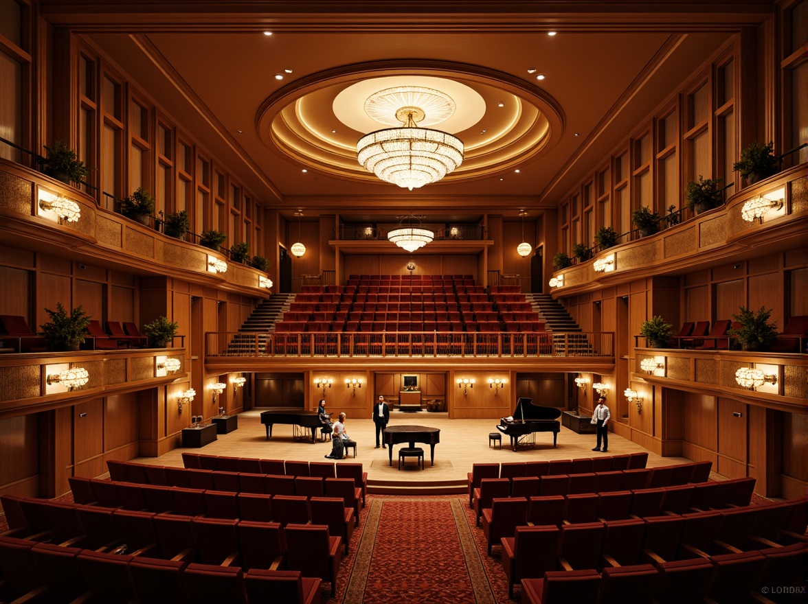 Prompt: Intimate concert hall, rich wood tones, luxurious velvet seats, ornate chandeliers, sound-absorbing panels, curved balconies, grand pianos, warm golden lighting, soft shadows, detailed moldings, high ceilings, minimalist decorations, premium materials, precise acoustic calculations, optimized reverberation times, crystal-clear sound quality, 3/4 composition, shallow depth of field, realistic textures, ambient occlusion.