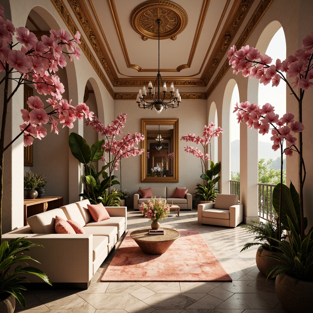 Prompt: Luxurious orchid mansion, ornate details, velvety soft petals, delicate curves, pastel hues, soothing ambiance, warm golden lighting, subtle gradient effects, rich jewel tones, metallic accents, lavish furnishings, intricate patterns, elegant archways, sophisticated color scheme, 1/1 composition, shallow depth of field, realistic textures, ambient occlusion.