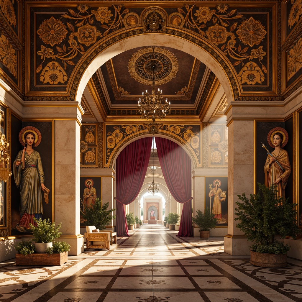 Prompt: Golden mosaics, rich jewel tones, ornate patterns, intricately designed icons, warm beige stone walls, polished marble floors, grand archways, vibrant red accents, luxurious purple drapes, ornamental metalwork, intricate frescoes, mystical symbolism, divine light, soft warm glow, high contrast, detailed textures, realistic renderings, 1/1 composition, dramatic shadows.