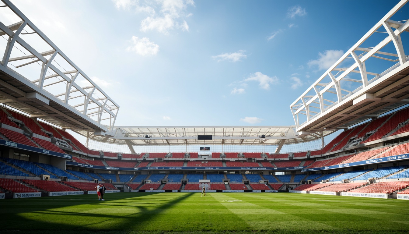 Prompt: Sleek football stadium, lightweight roofing, cantilevered canopy, steel trusses, membrane materials, translucent fa\u00e7ade, minimal columns, open-air seating, lush green grass, vibrant team colors, dynamic lighting, dramatic shadows, low-angle shots, 1/2 composition, shallow depth of field, realistic textures, ambient occlusion.