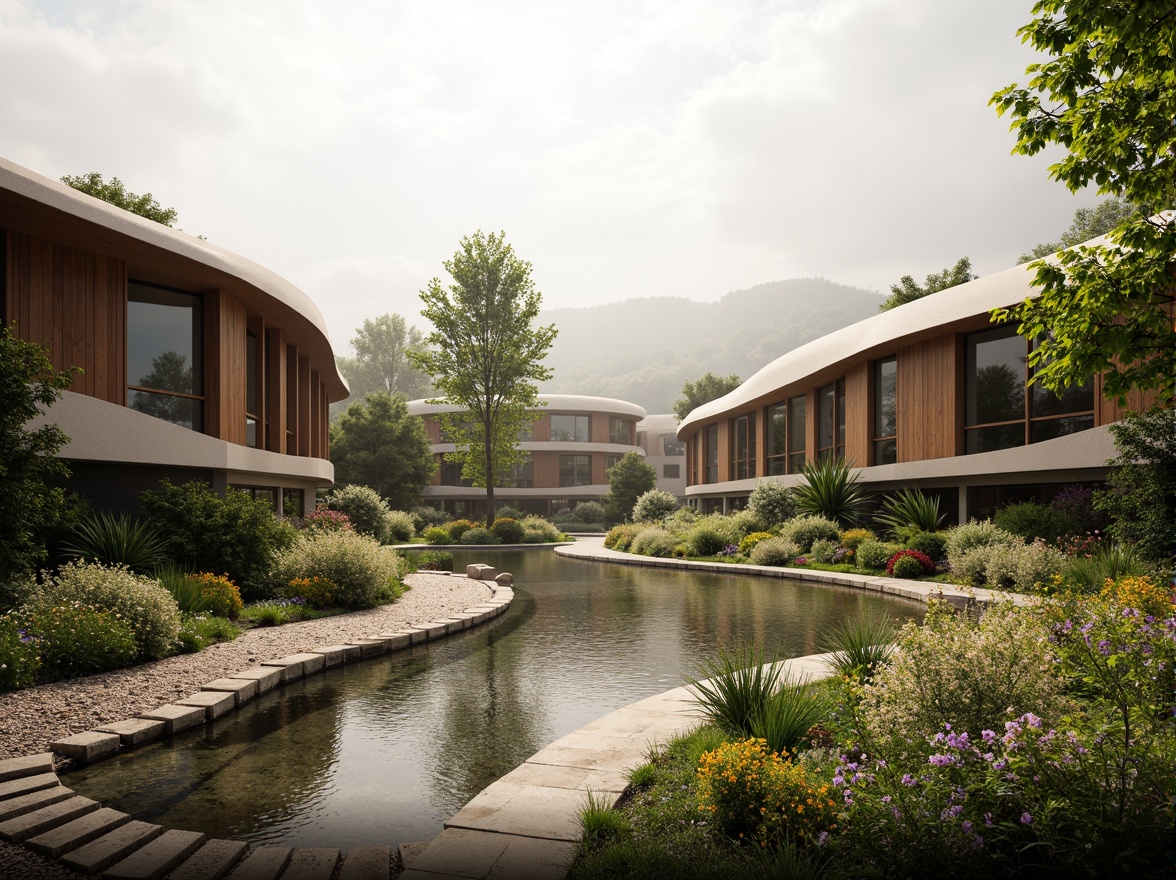 Prompt: Organic buildings, curved lines, natural materials, blending boundaries, lush vegetation, wildflowers, meandering paths, serene water features, reflecting pools, raked gravel, weathered wood accents, earthy tones, soft misting, warm ambient lighting, shallow depth of field, 1/1 composition, panoramic view, realistic textures, ambient occlusion.