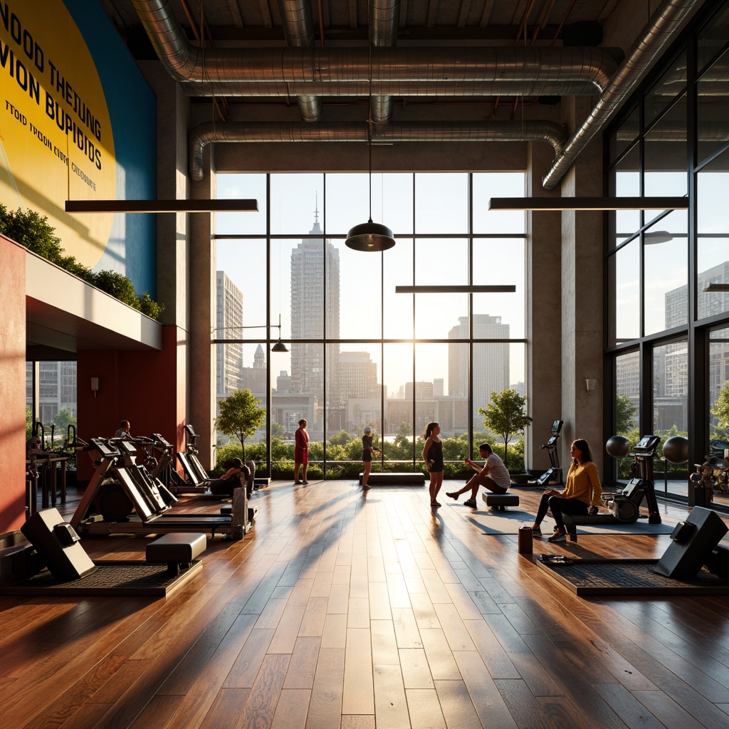 Prompt: Vibrant fitness club, high ceilings, large windows, abundant natural light, sleek modern equipment, polished wood floors, calming color schemes, motivational quotes, urban cityscape views, morning sunlight, soft warm glow, shallow depth of field, 1/1 composition, realistic textures, ambient occlusion.