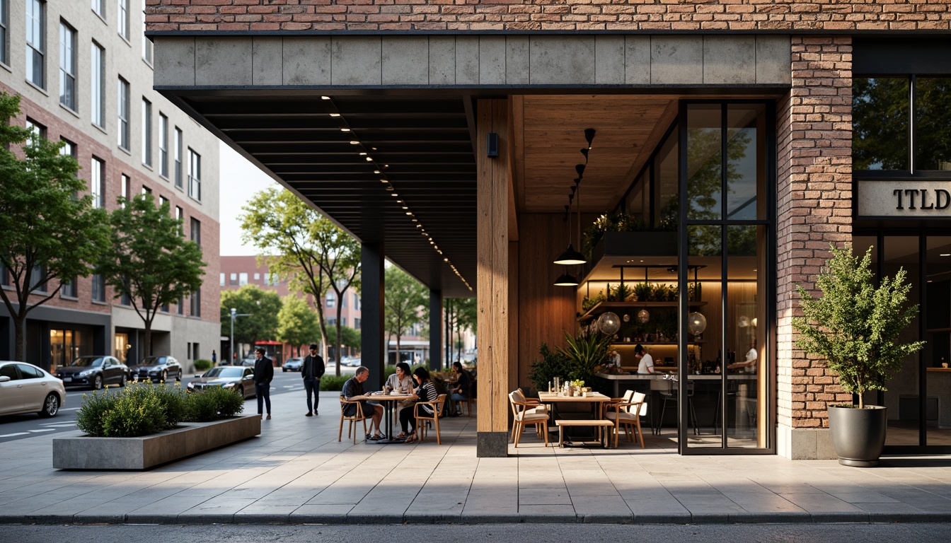 Prompt: Industrial-chic restaurant facade, exposed brick walls, metal beams, reclaimed wood accents, floor-to-ceiling windows, sliding glass doors, minimalist signage, urban cityscape, busy street scene, daytime natural light, soft warm ambiance, shallow depth of field, 2/3 composition, symmetrical architecture, brutalist structure, raw concrete textures, industrial-style lighting fixtures, cozy outdoor seating area, lush greenery planters, modern furniture design.