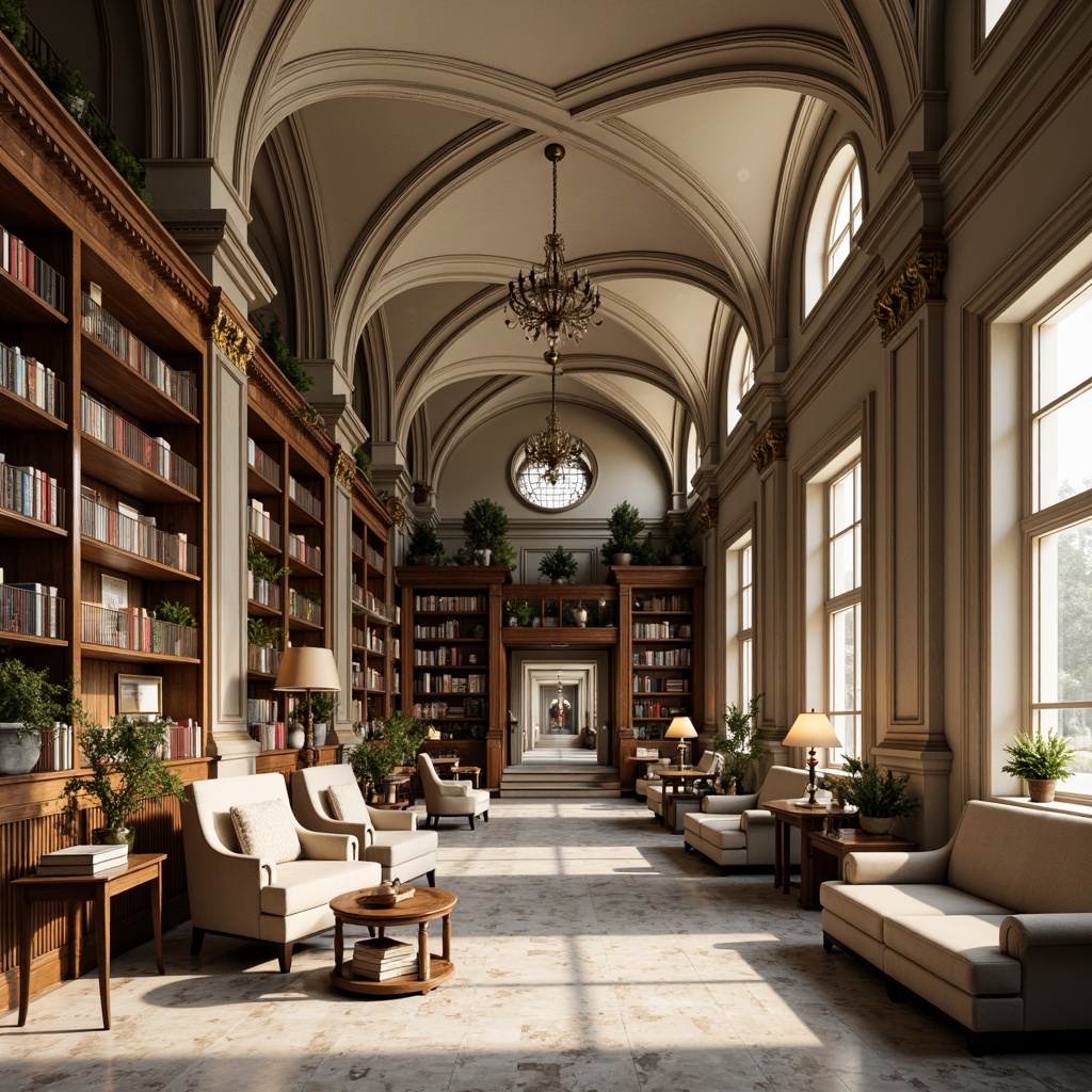 Prompt: Elegant library interior, rich wooden shelves, ornate columns, vaulted ceilings, marble floors, subtle gold accents, soft cream colors, warm beige tones, muted turquoise hues, classic book collections, leather-bound tomes, vintage reading lamps, comfortable reading nooks, natural light pouring in, dramatic archways, grand staircase, intricate moldings, refined architectural details, realistic textures, ambient occlusion, shallow depth of field, 3/4 composition, panoramic view.