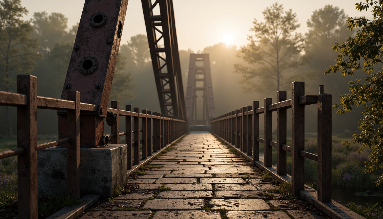 Prompt: Rustic steel bridge, industrial aesthetic, muted earth tones, weathered wood accents, distressed metal textures, worn stone foundations, atmospheric mist, soft natural lighting, warm golden hour, 1/2 composition, cinematic depth of field, realistic rendering, ambient occlusion.