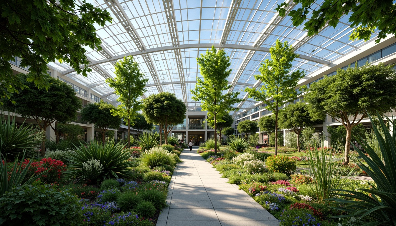 Prompt: Vibrant botanical garden, lush greenery, exotic plants, floral patterns, curved lines, asymmetrical structures, transparent glass fa\u00e7ades, steel frames, minimalist detailing, natural ventilation systems, organic shapes, undulating roofs, whimsical decorative elements, playful color schemes, soft diffused lighting, shallow depth of field, 1/1 composition, macro photography, high contrast, realistic textures, ambient occlusion.