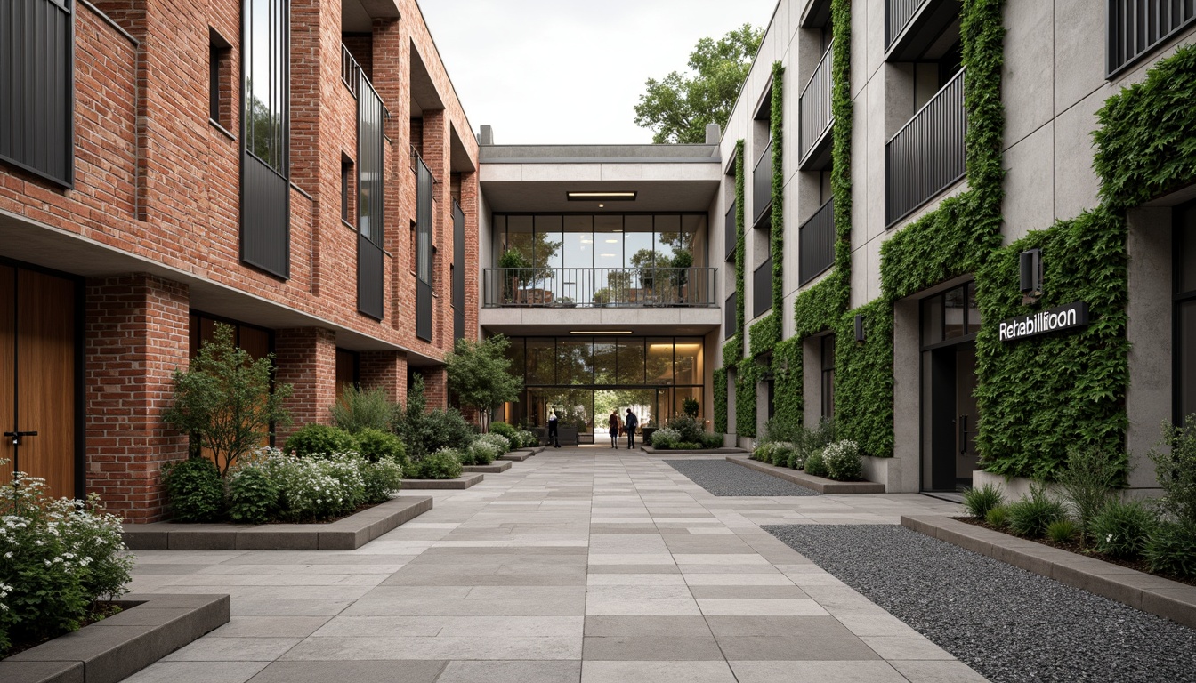 Prompt: Rehabilitation center fa\u00e7ade, rustic brick exterior, industrial metal accents, bold concrete columns, minimalist window frames, vertical green walls, lush ivy plants, natural stone pathways, accessible ramps, wheelchair-friendly entrances, modernist architecture, clean lines, rectangular forms, functional design, rehabilitation signs, warm neutral color scheme, soft diffused lighting, shallow depth of field, 1/1 composition, realistic textures, ambient occlusion.Let me know if this meets your requirements!