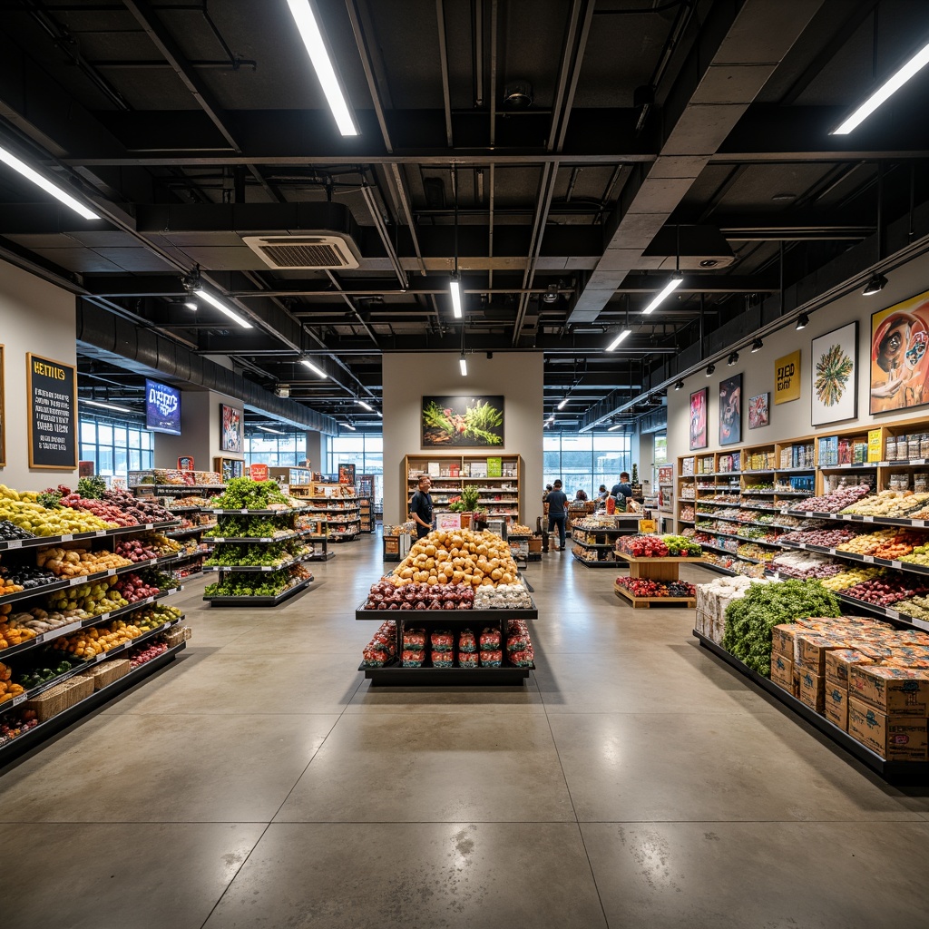 Prompt: Well-organized grocery store interior, spacious aisles, modern shelving systems, fresh produce stands, vibrant colorful signage, LED lighting, polished concrete flooring, industrial-style ceiling, minimalist decor, efficient checkout counters, comfortable shopping atmosphere, ample parking lot, urban location, early morning light, soft focus, 1/2 composition, realistic reflections, subtle ambient occlusion.