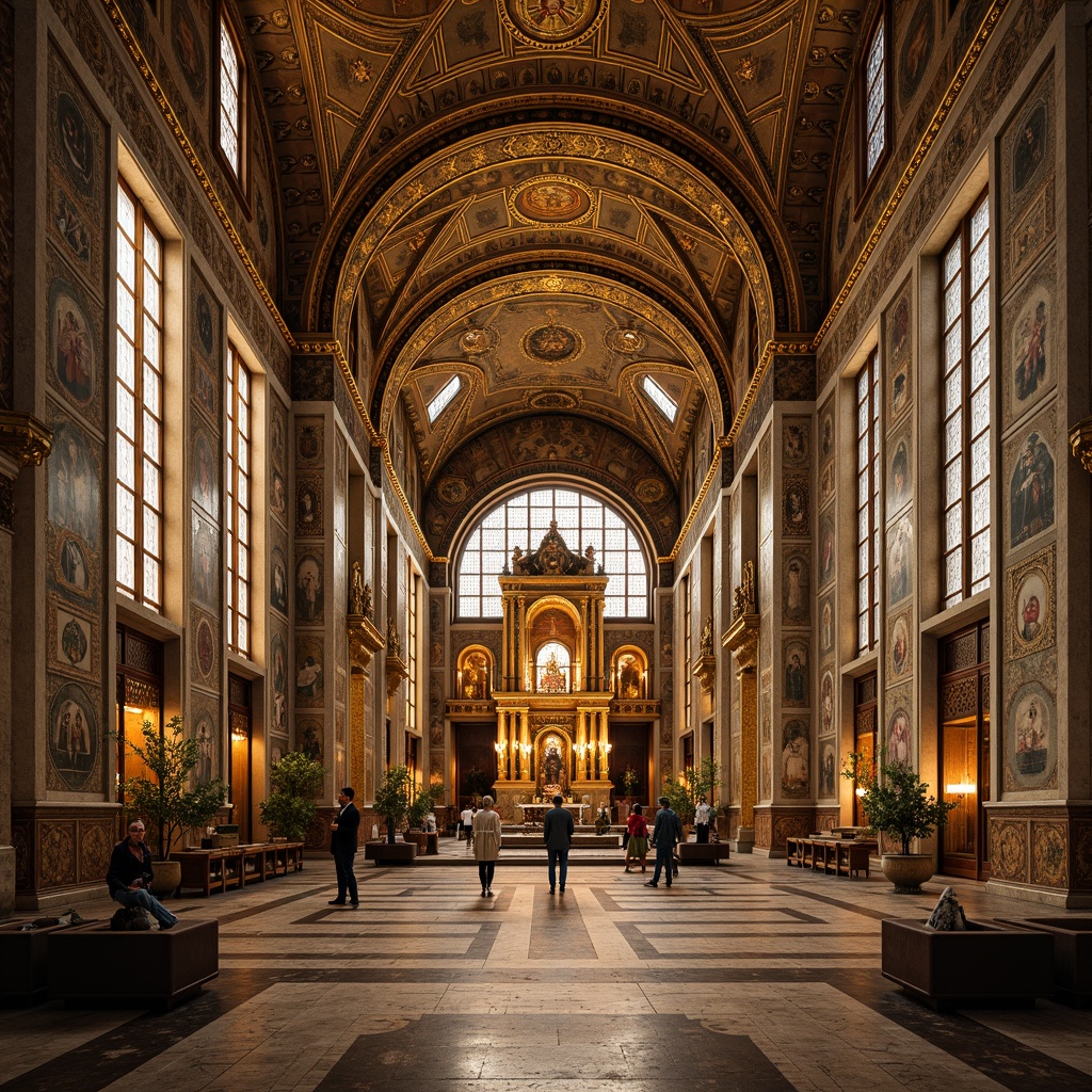 Prompt: Byzantine-style church interior, golden mosaics, intricate stone patterns, ornate marble floors, vaulted ceilings, grand domes, luminous stained-glass windows, richly decorated altars, ornamental frescoes, detailed iconography, lavish use of gold leaf, warm soft lighting, 3/4 composition, realistic textures, ambient occlusion.