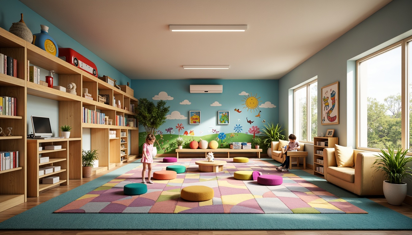 Prompt: Vibrant kindergarten, playful murals, colorful carpets, interactive displays, educational toys, soft cushions, circular tables, collaborative learning areas, natural wood accents, minimalist furniture, abundant natural light, warm cozy atmosphere, shallow depth of field, 1/1 composition, panoramic view, realistic textures, ambient occlusion.