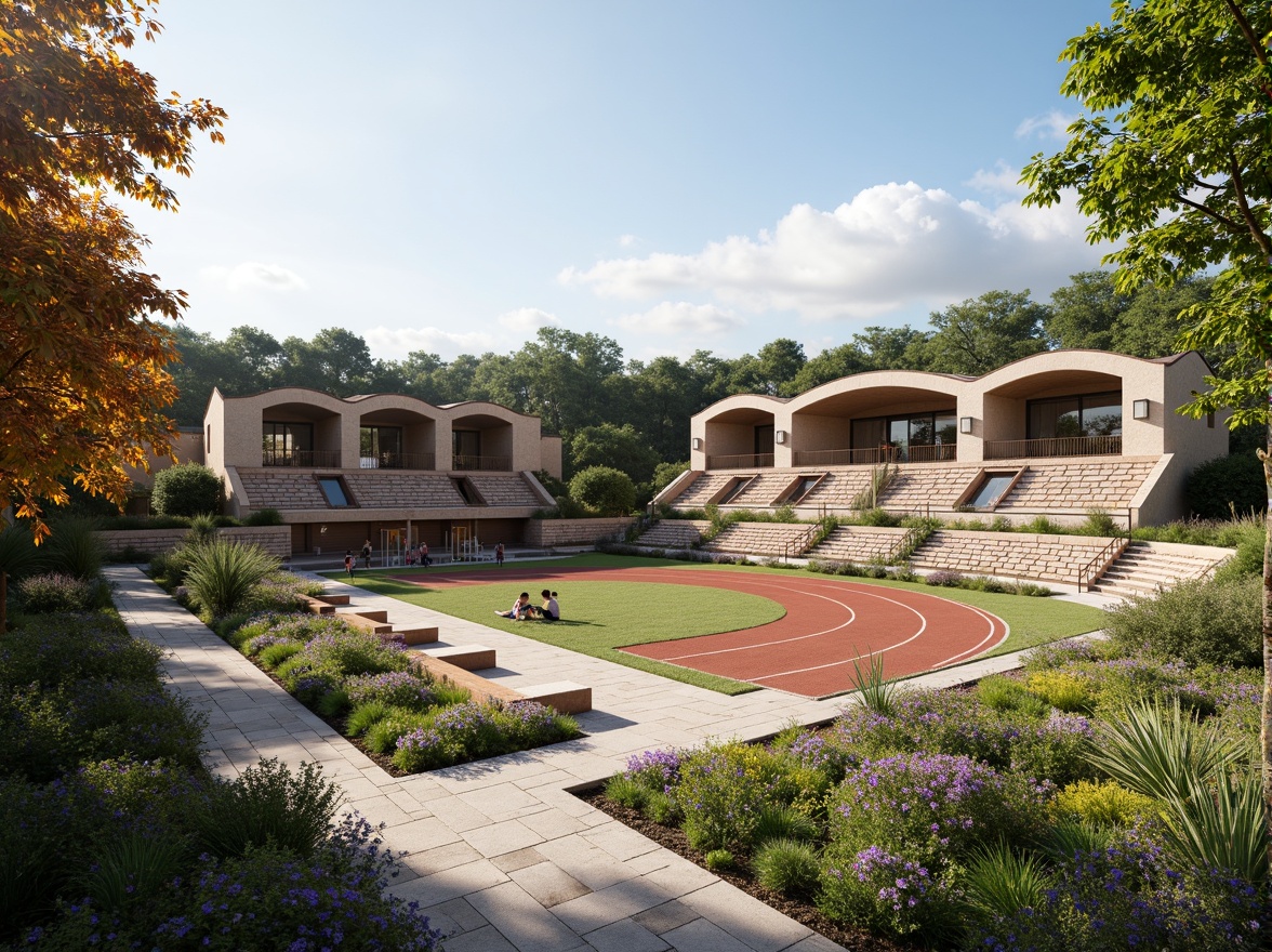 Prompt: Rustic gymnasium building, regionalism style architecture, natural stone walls, earthy tones, curved lines, wooden accents, lush greenery, vibrant flowers, athletic tracks, sports equipment, stadium seating, large trees, sunny day, warm lighting, shallow depth of field, 3/4 composition, panoramic view, realistic textures, ambient occlusion, outdoor recreational spaces, walking paths, garden benches, regional-inspired plant species, local stone paving, naturalistic water features.