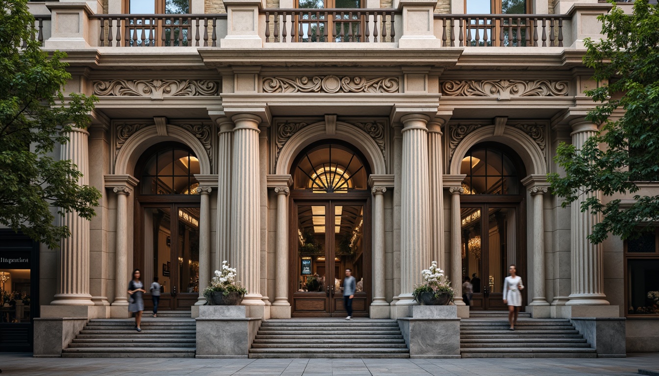 Prompt: Ornate neoclassical facade, grandiose columns, intricately carved stonework, symmetrical composition, majestic entrance, ornamental pilasters, decorative cornices, classical arches, imposing stone statues, elegant balustrades, refined metalwork, subtle warm lighting, shallow depth of field, 1/1 composition, realistic textures, ambient occlusion.