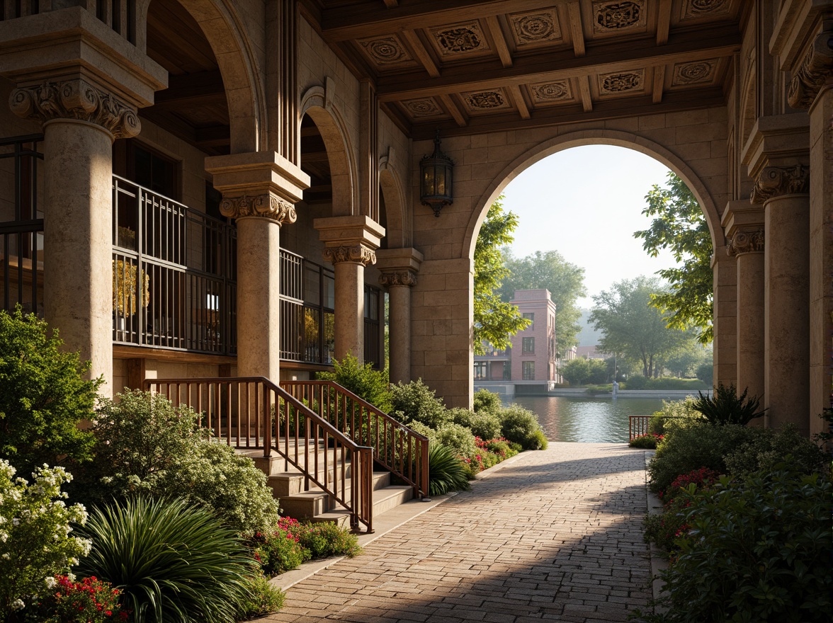 Prompt: Intricate stone carvings, ornate metal railings, grand arches, majestic piers, rustic stonework, weathered wooden planks, meandering waterways, serene riverbanks, lush greenery, vibrant flowers, warm golden lighting, dramatic shadows, 3/4 composition, panoramic view, realistic textures, ambient occlusion.