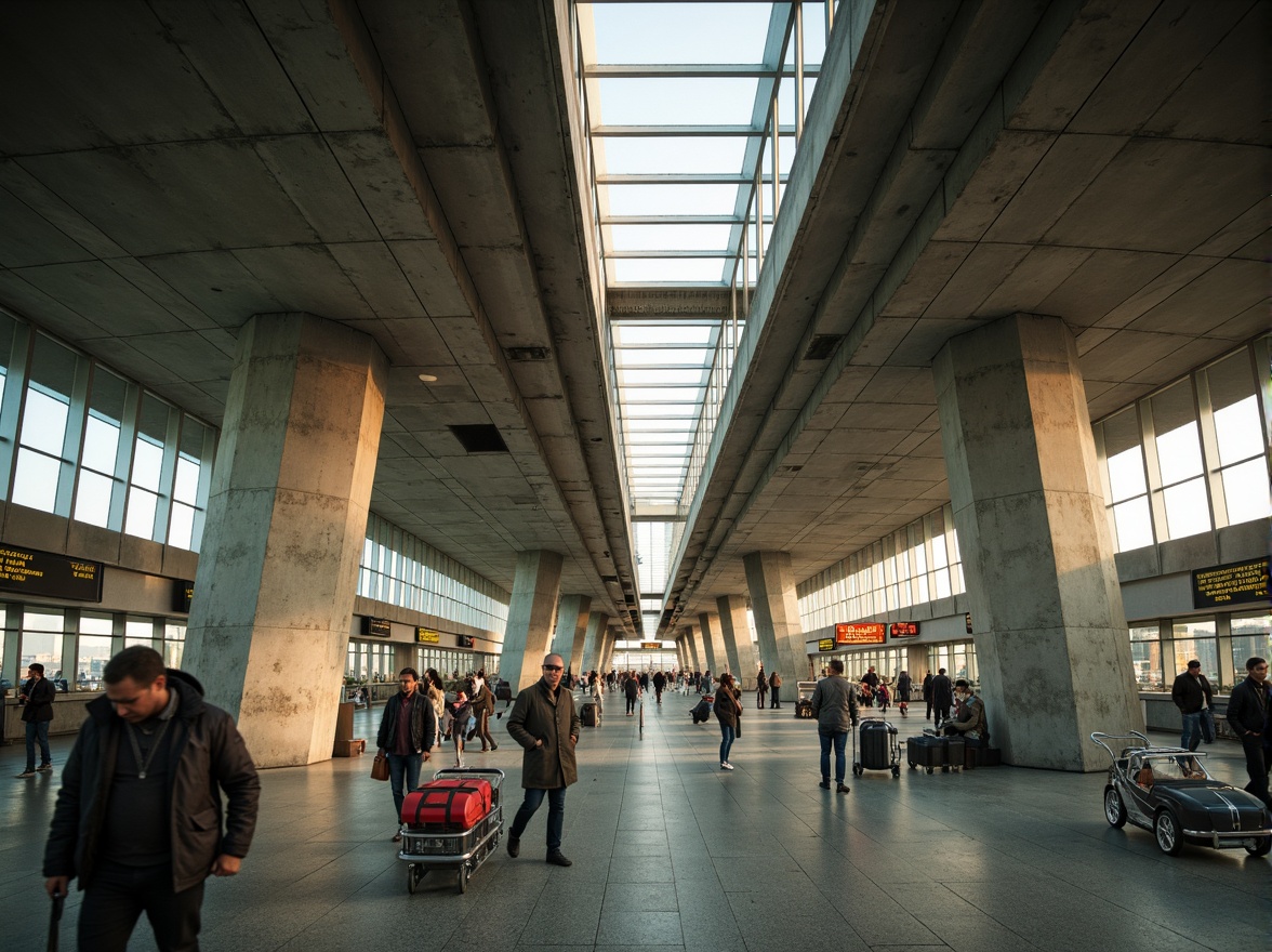 Prompt: Airport terminal, brutalist architecture, exposed concrete structures, rugged textures, industrial materials, metallic accents, angular lines, minimalist decor, functional design, high ceilings, large windows, natural light, urban landscape, bustling atmosphere, busy travelers, luggage carts, airport signage, retro-futuristic vibe, 70s-inspired color palette, warm ambient lighting, shallow depth of field, 1/1 composition, cinematic view, realistic reflections, subtle ambient occlusion.