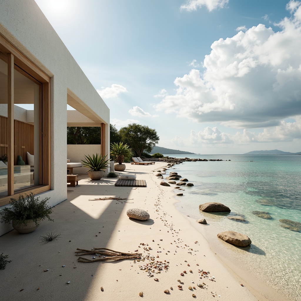 Prompt: Serene coastal scenery, gentle ocean breeze, crystal-clear waters, sandy beach, driftwood, seashells, minimalist modern architecture, large windows, sliding glass doors, clerestory windows, skylights, white stucco walls, wooden accents, natural textiles, woven fibers, earthy color palette, soft warm lighting, shallow depth of field, 1/1 composition, panoramic view, realistic textures, ambient occlusion.