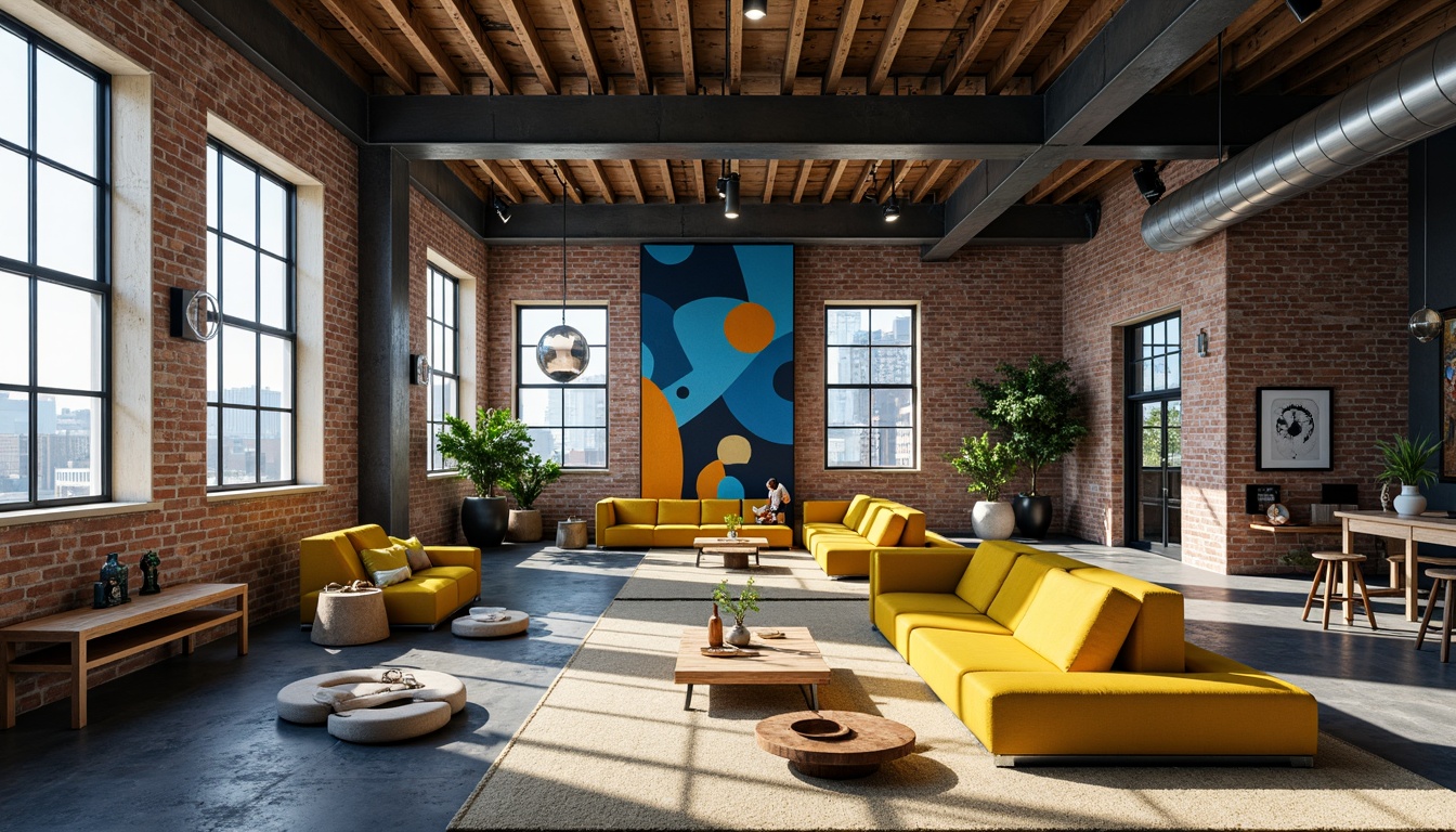 Prompt: Vibrant constructivist interior, bold geometric shapes, industrial materials, exposed brick walls, metal beams, reclaimed wood accents, monochromatic color scheme, deep blues, bright yellows, contrasting whites, avant-garde furniture, minimalist decor, abundant natural light, high ceilings, urban loft atmosphere, abstract artwork, statement lighting fixtures, dramatic shadows, 1/2 composition, high-contrast imagery, cinematic ambiance.