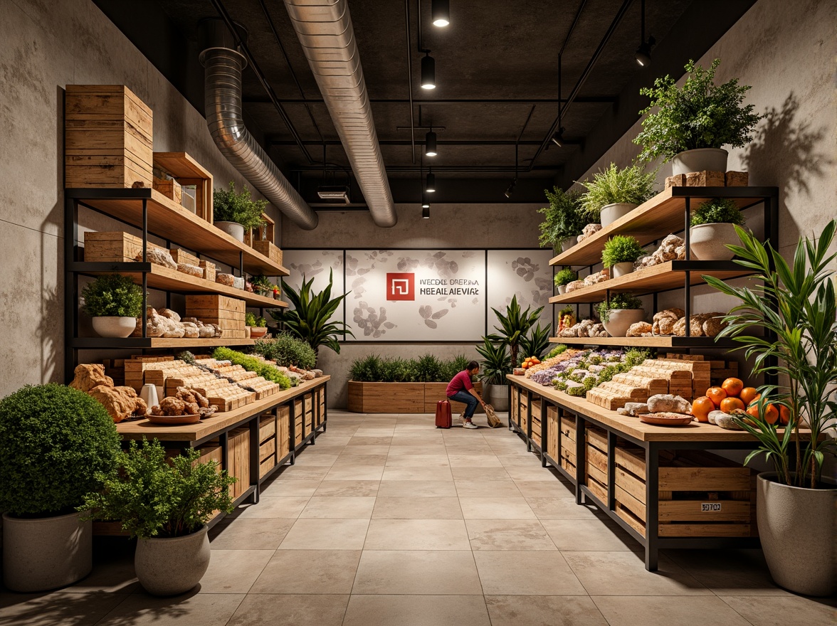 Prompt: Rustic wooden shelves, natural stone flooring, earthy toned walls, metal accents, reclaimed wood crates, industrial lighting fixtures, exposed ductwork, concrete pillars, modern minimalist signage, abundant greenery, fresh produce displays, artisanal food arrangements, warm ambient lighting, shallow depth of field, 1/2 composition, realistic textures, subtle reflections.