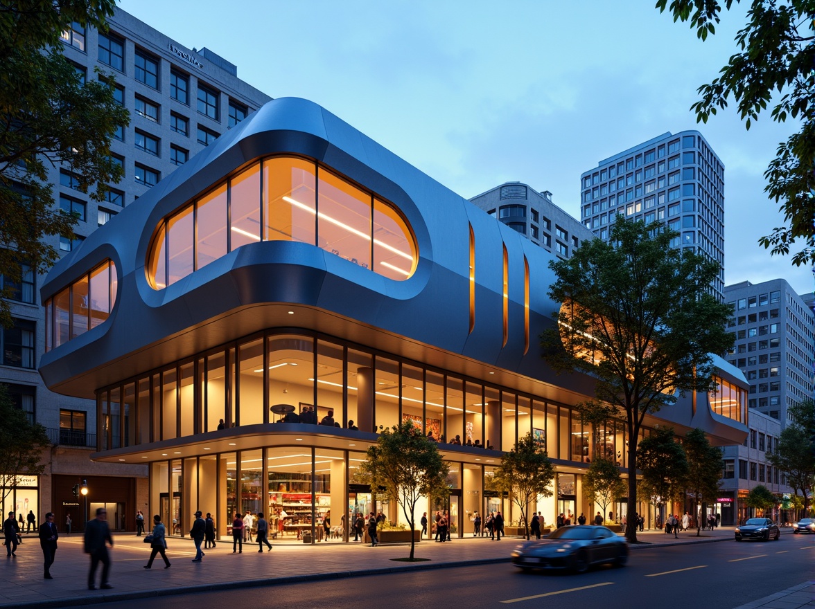 Prompt: Streamlined concert house facade, modernist architecture, curved lines, minimalist ornamentation, sleek metal cladding, large glass windows, asymmetrical composition, bold color accents, dynamic lighting effects, urban cityscape, busy street scene, evening ambiance, warm golden lighting, shallow depth of field, 1/2 composition, realistic reflections, ambient occlusion.