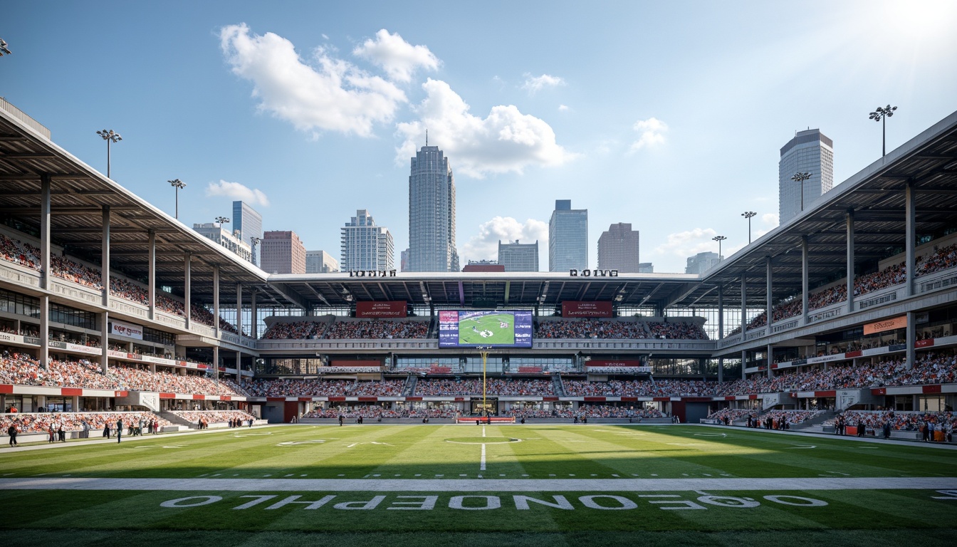 Prompt: Transparent stadium fa\u00e7ade, sleek metal framework, cantilevered roofs, open-air concourses, grand entrance gates, modern LED lighting systems, vibrant team colors, dynamic crowd seating, tiered spectator stands, atmospheric misting systems, urban cityscape backdrop, sunny day with scattered clouds, shallow depth of field, 3/4 composition, panoramic view, realistic reflective surfaces, ambient occlusion.