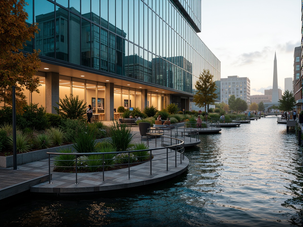 Prompt: Riverbank building facade, modern curved lines, reflective glass surfaces, iridescent colors, rippling water effects, wave-inspired patterns, aquatic plants, lush greenery, wooden dockwalks, metal railings, industrial materials, urban skyline views, misty morning atmosphere, soft warm lighting, 1/2 composition, shallow depth of field, realistic textures, ambient occlusion.