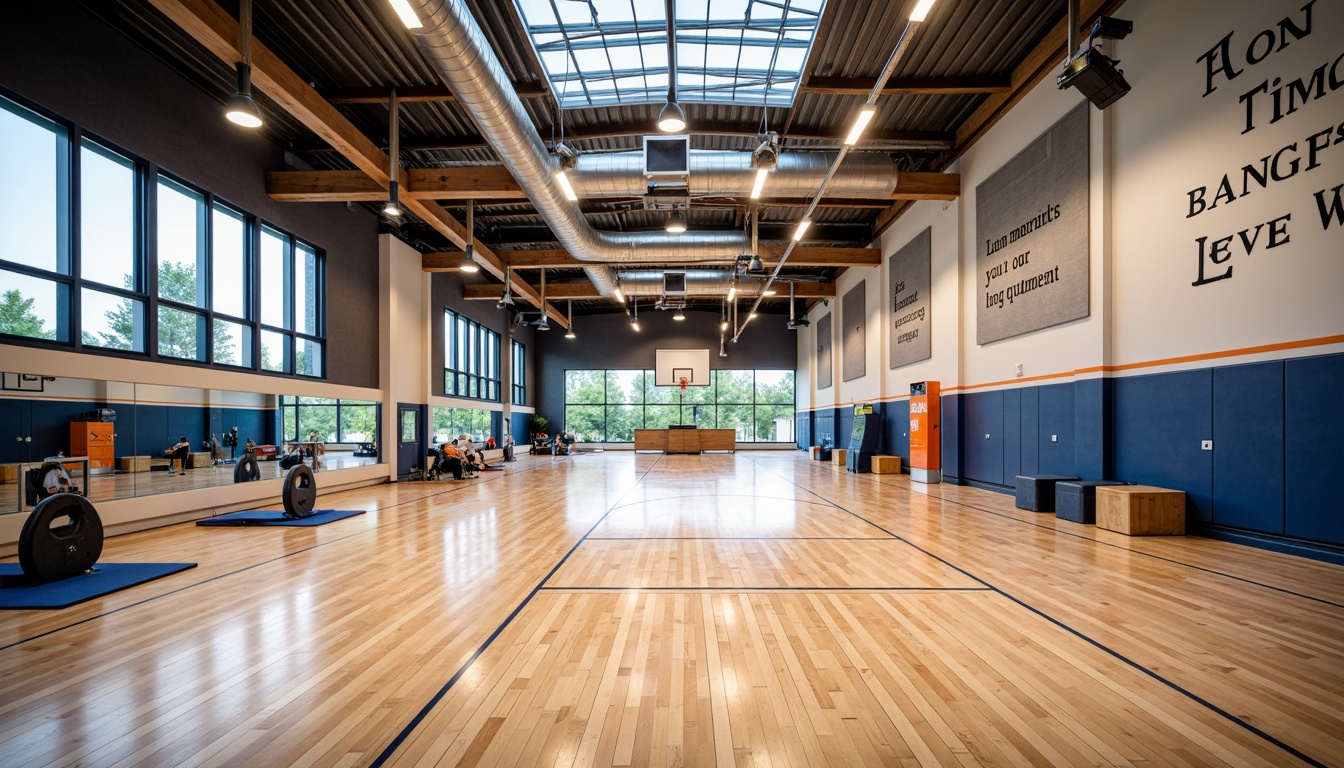 Prompt: Modern gymnasium interior, high ceilings, exposed ductwork, polished wooden floors, athletic equipment, basketball hoops, sports mats, mirrored walls, motivational quotes, energizing color scheme, suspended LED lights, indirect ambient lighting, softbox diffusers, high-bay fixtures, motion sensors, energy-efficient systems, natural daylight, clerestory windows, transparent roofing, panoramic views, dynamic shadows, realistic textures, shallow depth of field, 1/1 composition.