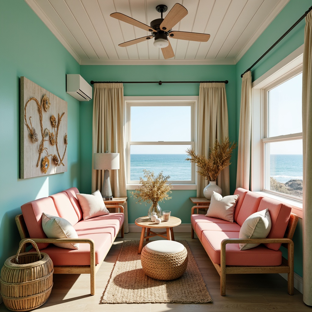 Prompt: Vibrant coastal cottage, beachy keen decor, ocean-inspired hues, calming turquoise walls, crisp white trim, sandy beige floors, driftwood accents, coral pink furniture, sea-glass vases, nautical rope details, natural linen textiles, soft billowy curtains, sunny daylight, warm golden lighting, shallow depth of field, 1/1 composition, intimate close-up view, realistic water effects, ambient ocean sounds.