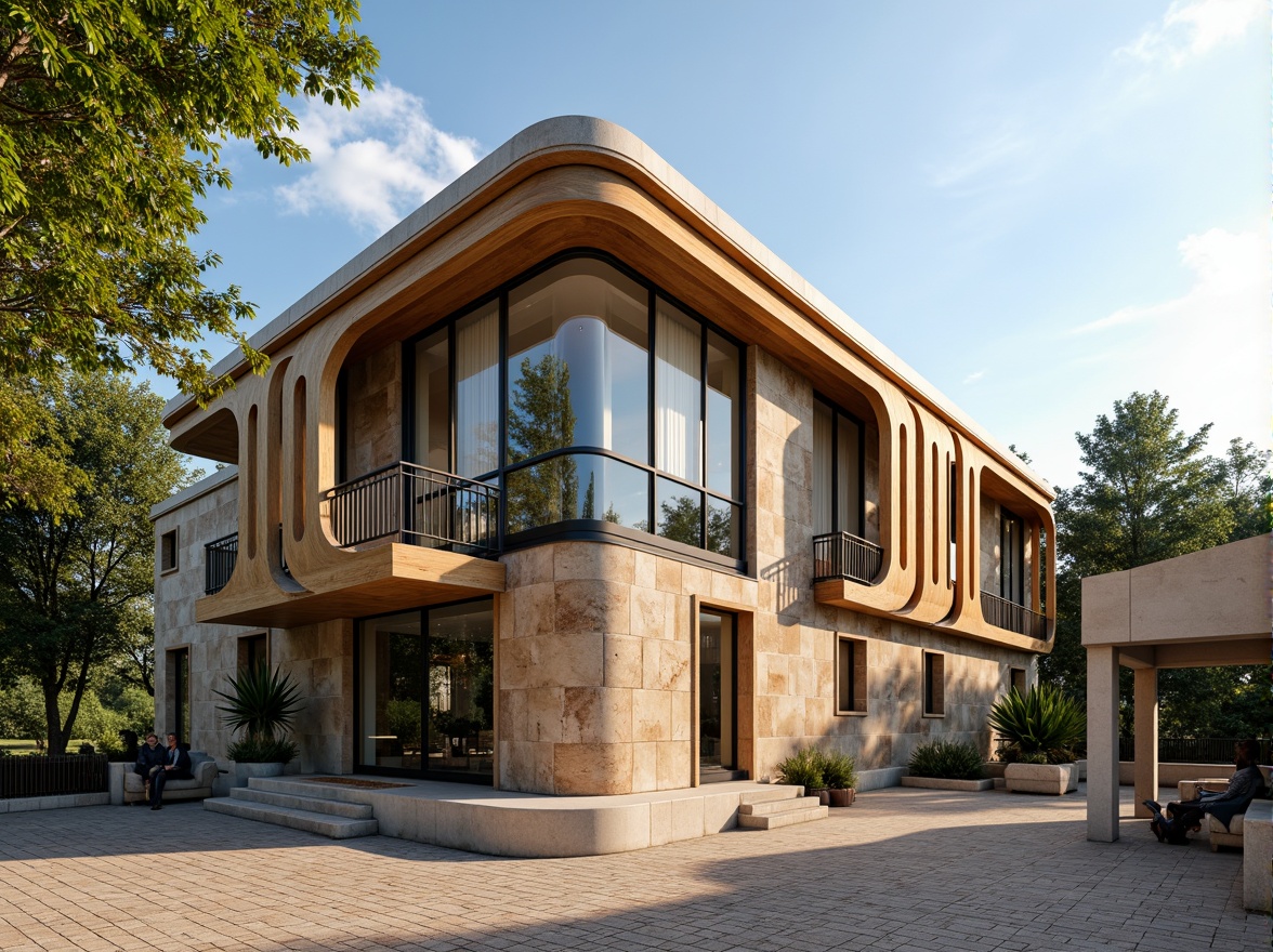 Prompt: Rustic gymnasium facade, regionalism style architecture, earthy tones, natural stone cladding, wooden accents, curved lines, minimalist ornamentation, modern interpretation of traditional design, spacious entrance, large windows, steel frames, cantilevered roofs, greenery-filled courtyard, sunny day, soft warm lighting, shallow depth of field, 3/4 composition, panoramic view, realistic textures, ambient occlusion.