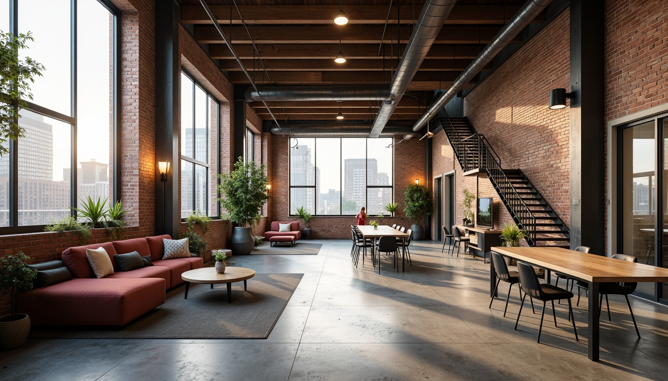 Prompt: Industrial chic loft, exposed brick walls, polished concrete floors, reclaimed wood accents, floor-to-ceiling windows, natural light pouring in, modern minimalist furniture, sleek metal staircases, open-concept layout, collaborative workspaces, communal tables, ergonomic chairs, pendant lighting fixtures, greenery installations, urban cityscape views, soft warm glow, shallow depth of field, 2/3 composition, panoramic view, realistic textures, ambient occlusion.