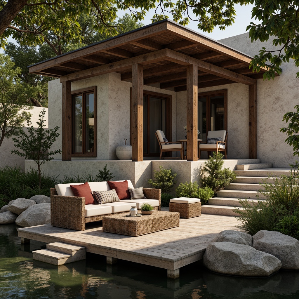 Prompt: Riverbank architecture, rustic wooden docks, weathered stone walls, rough-hewn timber accents, natural fiber textiles, woven rattan furniture, earthy tone color palette, moss-covered stones, lush green vegetation, tranquil water reflections, soft morning light, shallow depth of field, 1/2 composition, serene atmosphere, realistic normal maps, ambient occlusion.