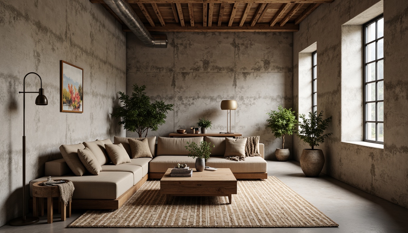 Prompt: Rustic concrete walls, rough-textured plastered finish, earthy tones, natural materials, industrial-chic aesthetic, urban loft atmosphere, exposed ductwork, metal accents, reclaimed wood furniture, modern minimalist decor, warm ambient lighting, shallow depth of field, 1/1 composition, realistic textures, subtle shadows.