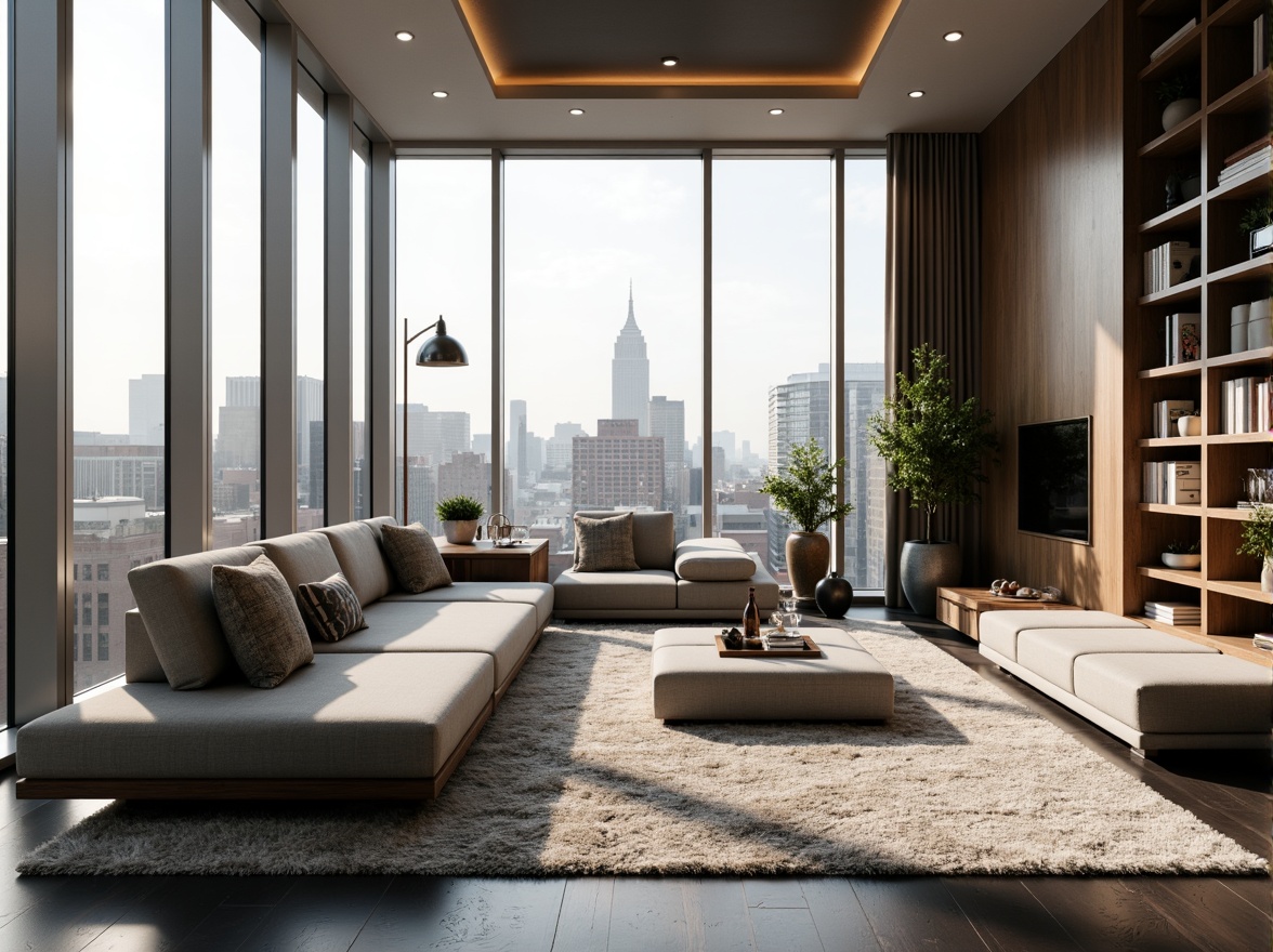 Prompt: Modern living room, sleek minimalist furniture, neutral color palette, textured rugs, floor-to-ceiling windows, natural light, urban cityscape view, cozy reading nook, built-in shelving, metallic accents, ambient lighting, 1/1 composition, shallow depth of field, warm color temperature, inviting atmosphere.