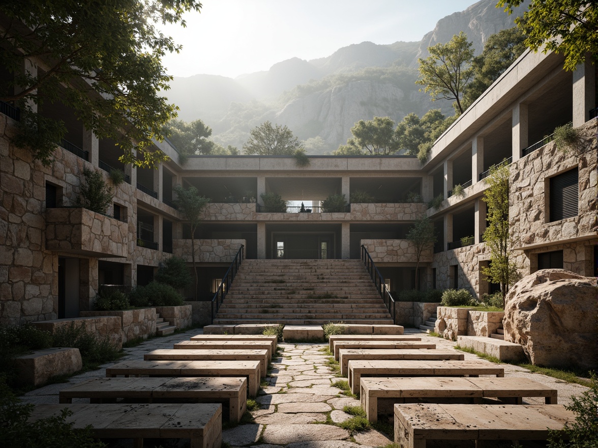 Prompt: Rugged stone amphitheater, brutalist architecture, raw concrete structures, natural light pouring in, dramatic shadows, open-air performance space, tiered seating, weathered wooden benches, lush greenery surroundings, rocky outcrops, misty atmosphere, soft warm lighting, high contrast ratio, 1/1 composition, symmetrical framing, ambient occlusion, realistic textures.