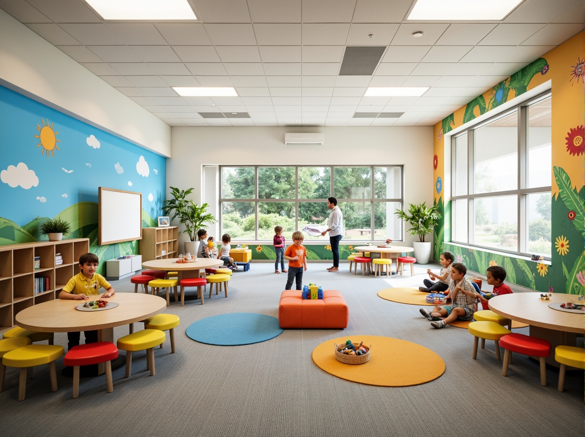 Prompt: Vibrant kindergarten, playful furniture, colorful murals, interactive whiteboards, educational toys, soft carpeted floors, cozy reading nooks, natural light-filled classrooms, modern minimalist architecture, circular tables, collaborative learning spaces, stimulating sensory experiences, hands-on activity zones, imaginative play areas, digital learning tools, engaging multimedia projections, 3D visualizations, panoramic views, shallow depth of field, warm and inviting atmosphere.