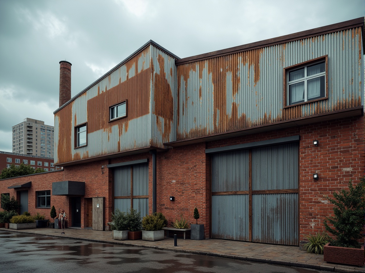 Prompt: Rustic industrial building, galvanized steel exterior, fire brick fa\u00e7ade, distressed metal textures, rugged stone walls, urban cityscape, overcast cloudy sky, warm soft lighting, shallow depth of field, 1/1 composition, realistic materials, ambient occlusion.