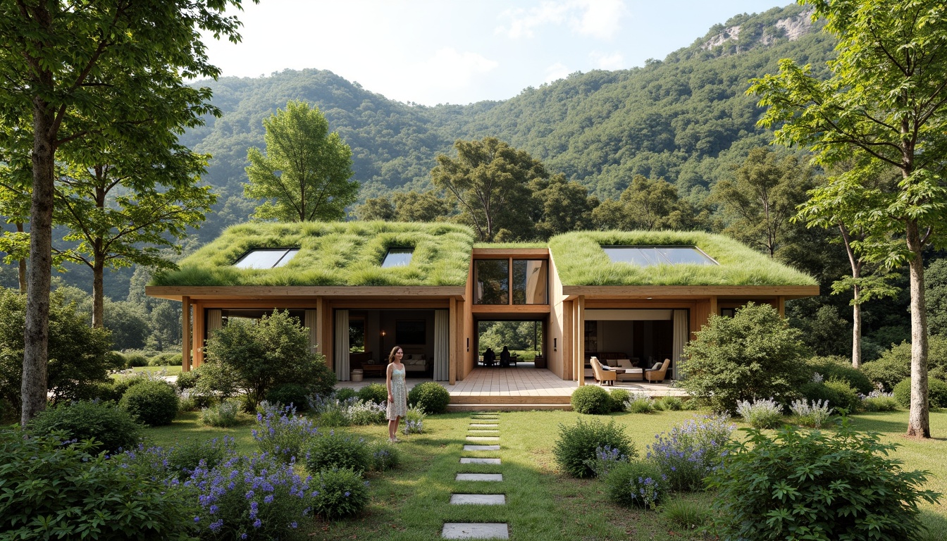 Prompt: Green roofs, lush vegetation, natural materials, earthy tones, organic shapes, open floor plans, high ceilings, large windows, clerestory windows, solar tubes, skylights, cross ventilation, wind catchers, passive design, thermal mass, insulation systems, radiant cooling, evaporative cooling, shading devices, overhangs, louvers, operable walls, sliding doors, breathable facades, energy efficiency, sustainable architecture, eco-friendly buildings, healthy indoor air quality, comfortable living spaces, natural light, soft shadows, warm ambience.