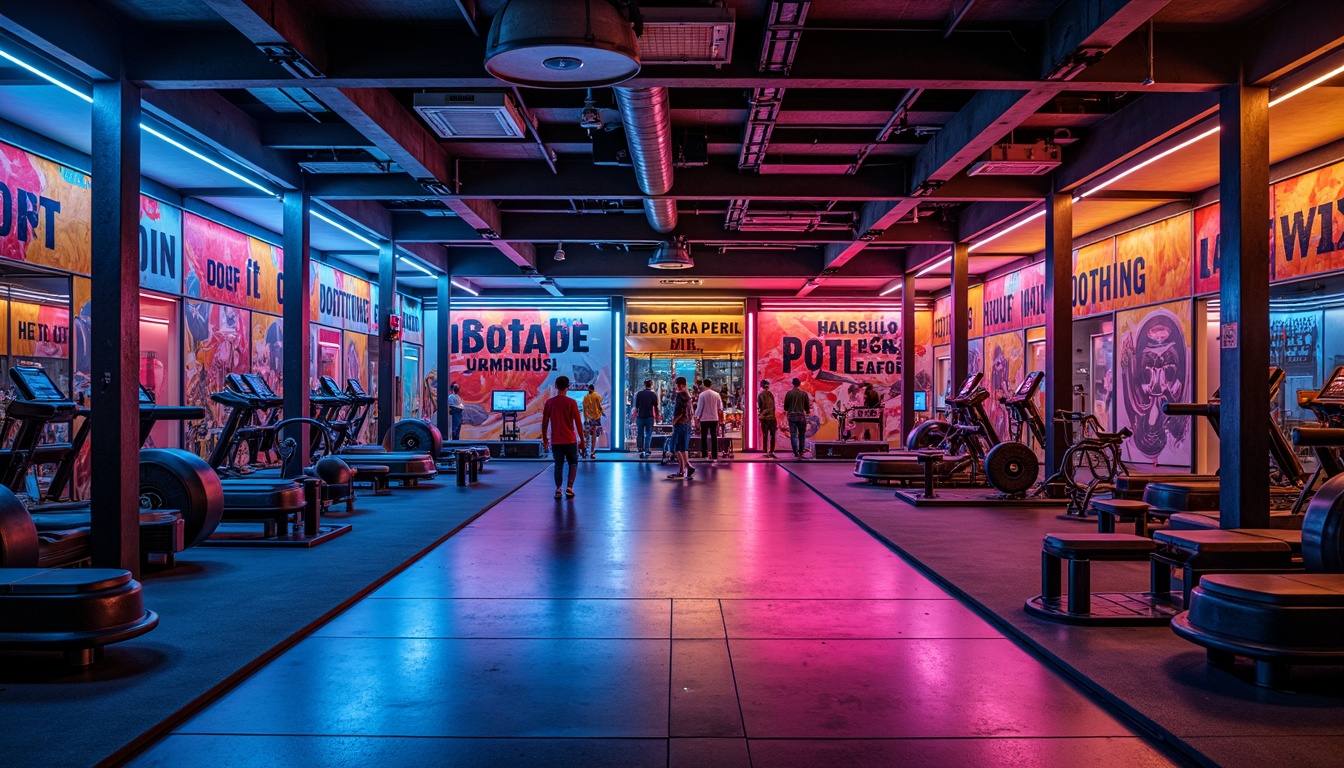 Prompt: Vibrant gym interior, bold color scheme, energetic atmosphere, motivational quotes, modern fitness equipment, sleek metal frames, rubber flooring, dynamic lighting, neon accents, urban industrial vibe, exposed brick walls, reclaimed wood accents, abstract geometric patterns, contrasting hues, high-contrast colors, bold typography, futuristic ambiance, invigorating aromas, refreshing air circulation, panoramic mirrors, 3/4 composition, shallow depth of field, realistic textures.